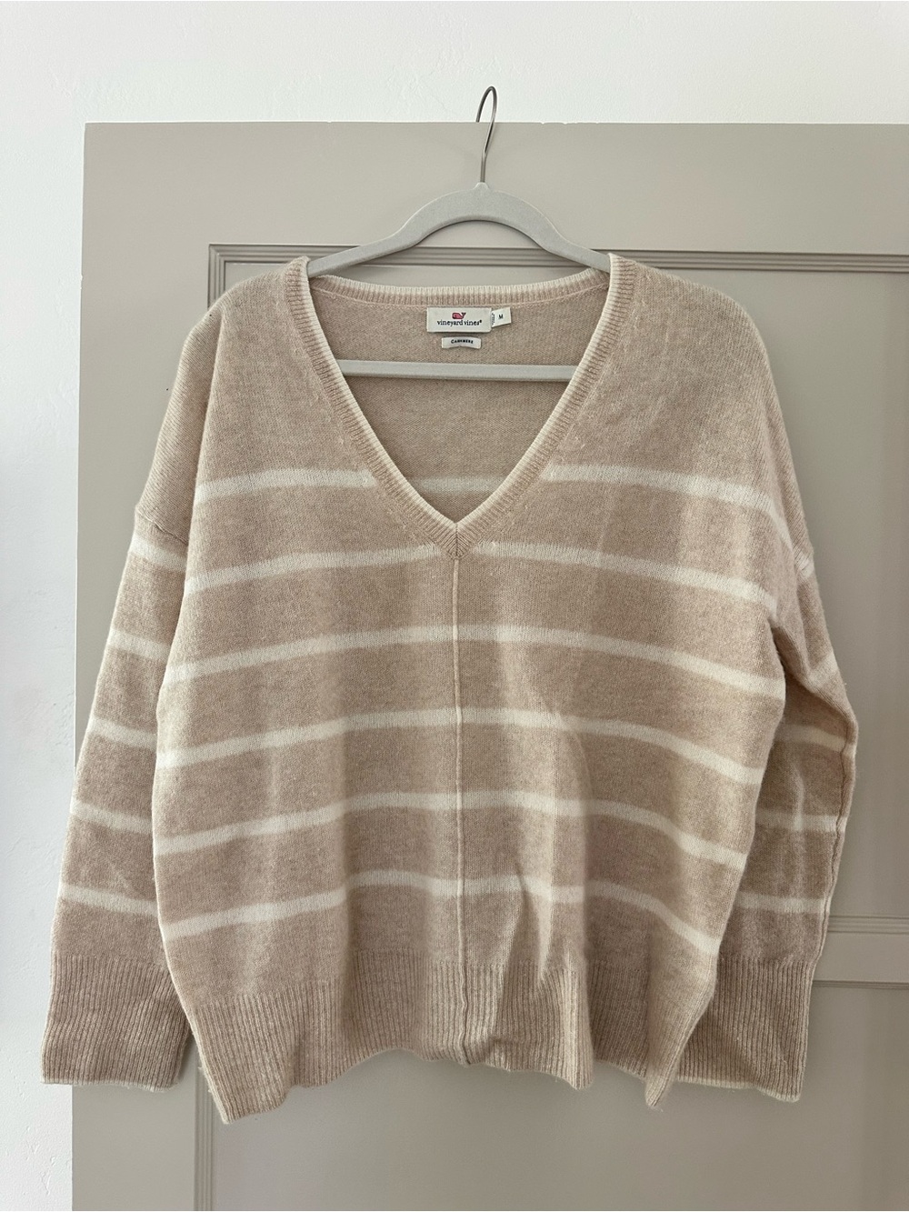 Vineyard Vines Cream and Tan Striped V-Neck Pullover